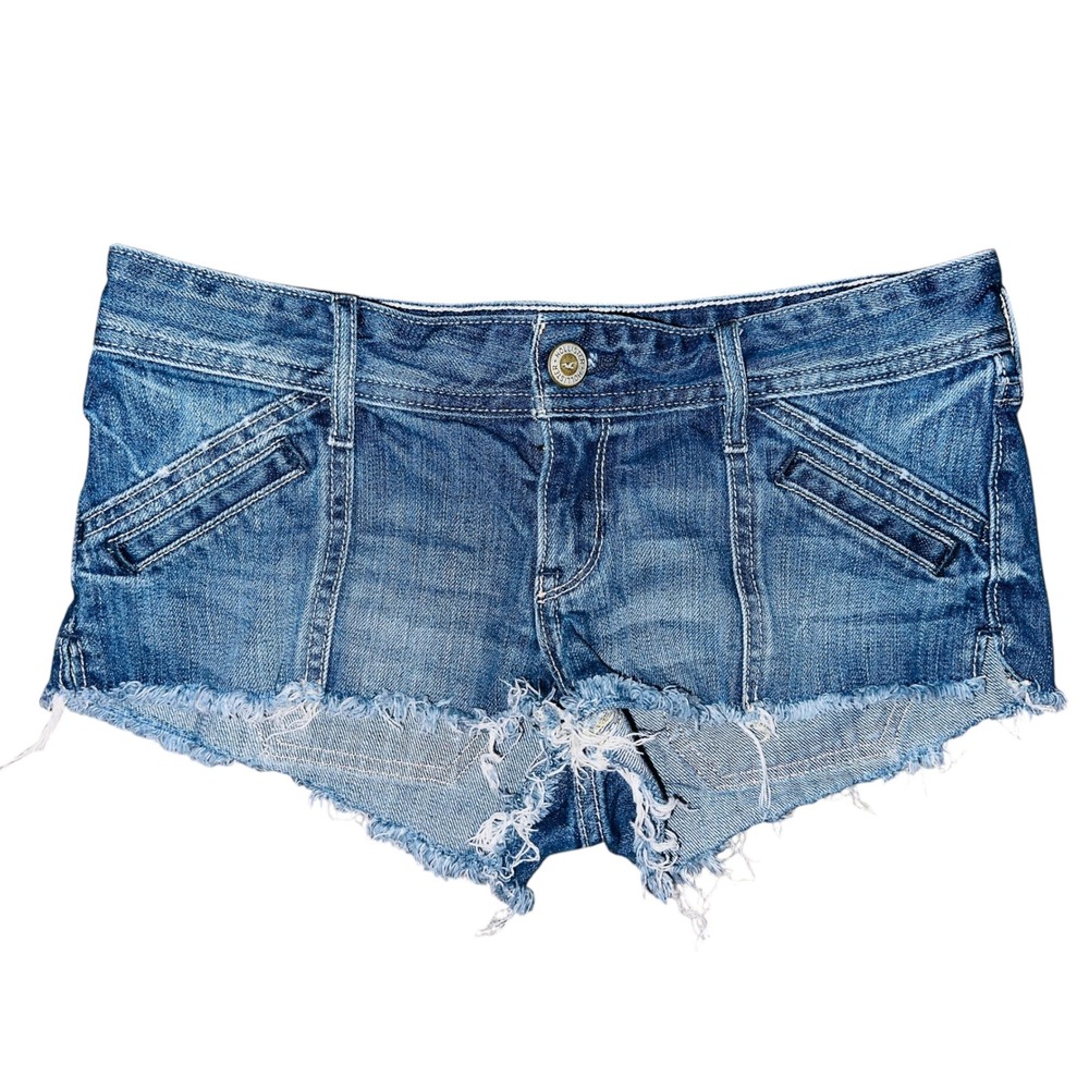 ND1 Hollister Micro Mini Jean Shorts‎ Frayed Hem Low Rise Denim Blue Size 26